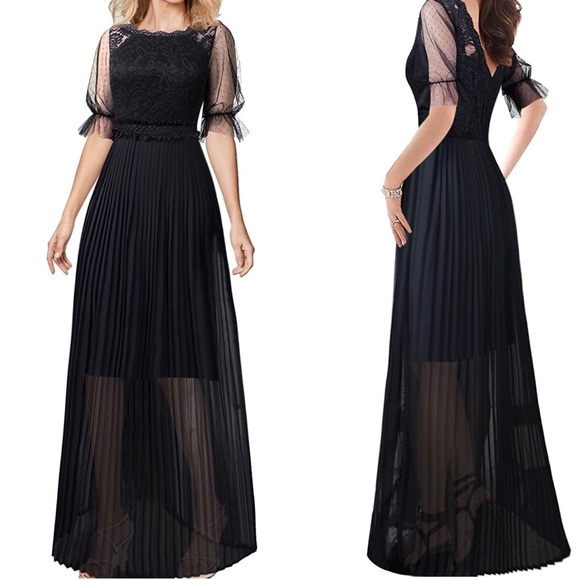 Dresses & Skirts - Pleated Lace Chiffon Formal Evening Casual Maxi A-Line black Dress